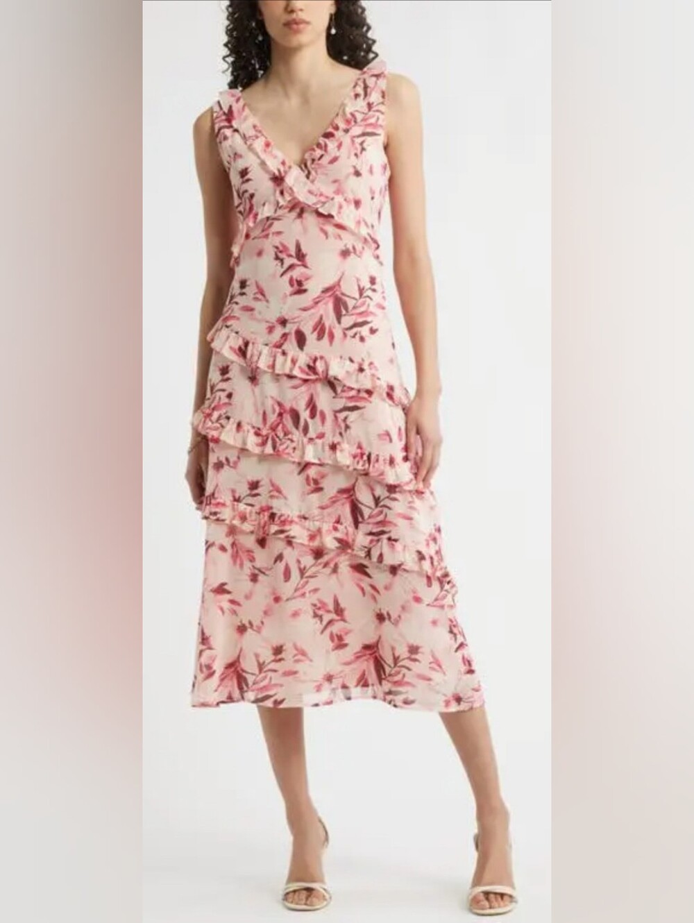 CHELSEA 28 Floral Tiered Ruffle Chiffon Midi Dress NWT Size Large Pink
